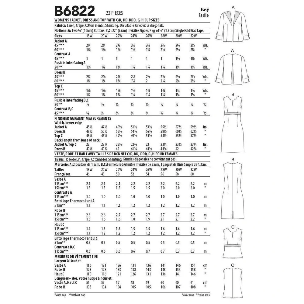 Butterick Sewing‎ Pattern 6822 10954 Dress Jacket Plus Size 26W-32W
